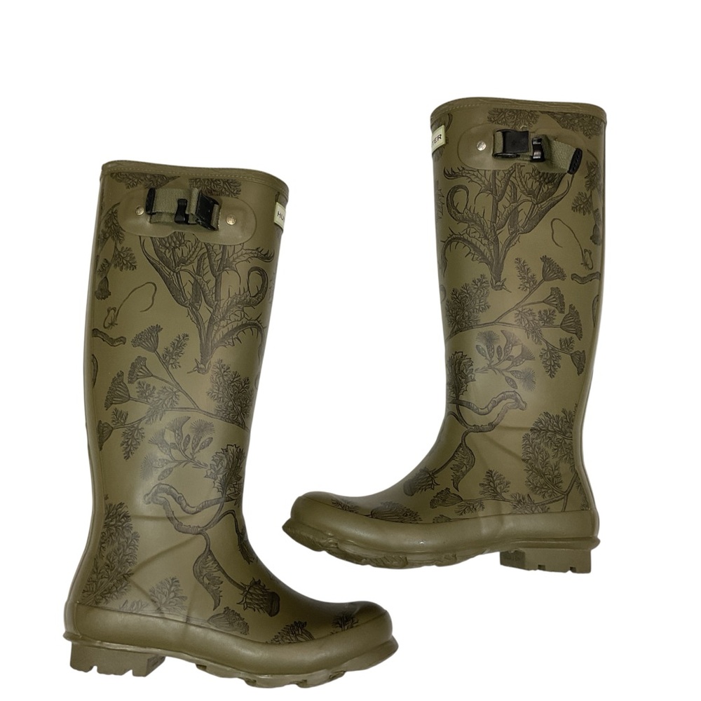 Olive Green Floral Tall Rain Boots - Women's